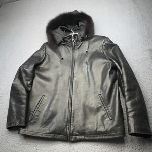 Damsells Leather Parka Jacket Womens Medium Black Fur Trim Hooded Zip Warm